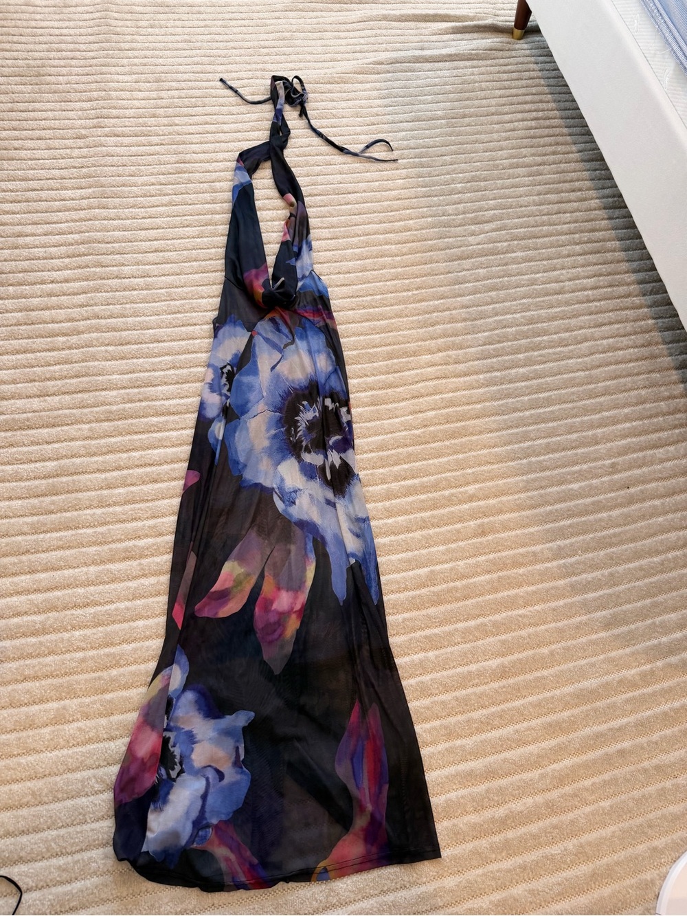 Halter Cowl Neck sheer Floral Maxi Dress in Black with Blue & Pink Blooms